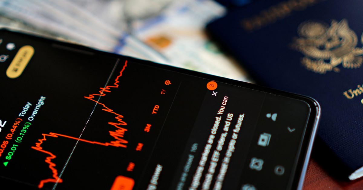 Close-up of a smartphone displaying a stock market app alongside a US passport and currency.