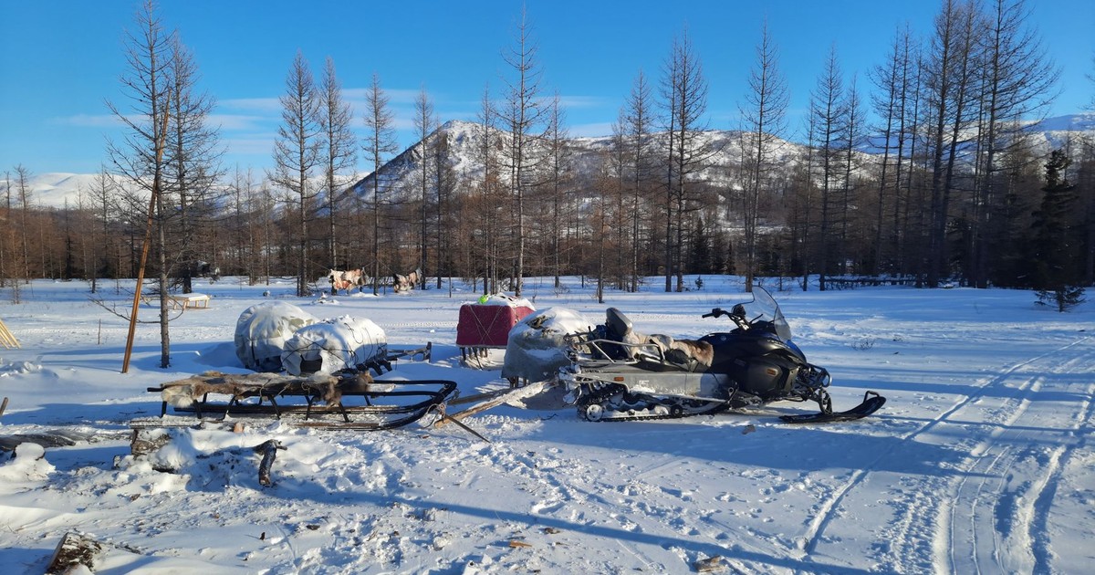 A serene winter scene featuring snowmobile and sleds amidst snow-covered trees and mountains.
