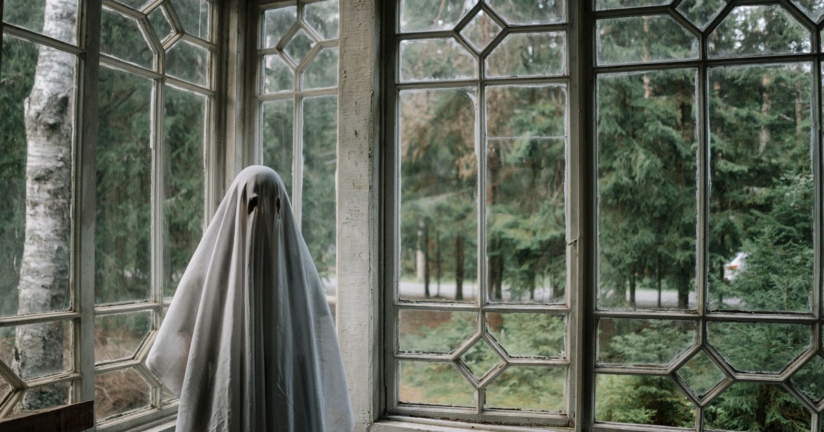 Ghost sheet costume in rustic room overlooking a forest, creating a spooky vibe.